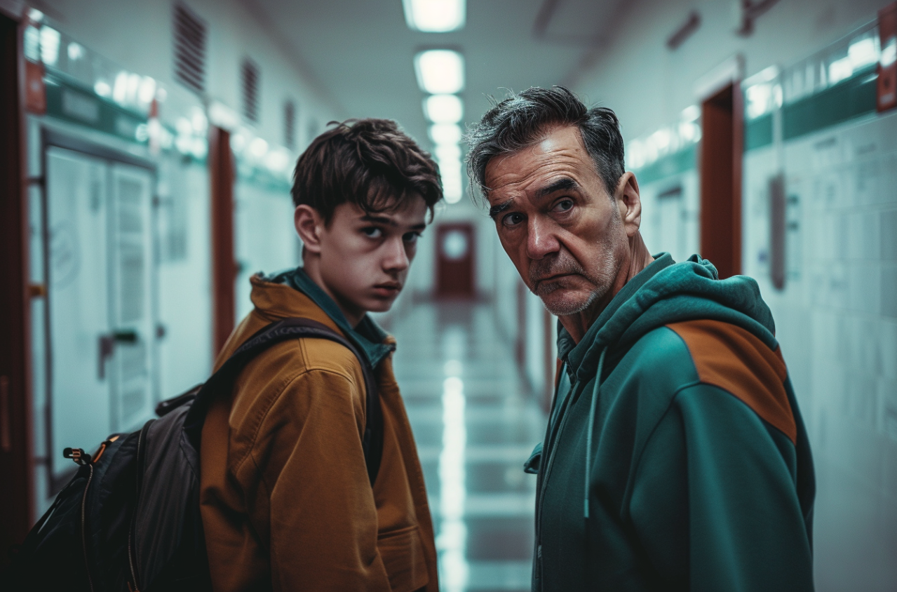 Un homme et son fils adolescent debout dans un couloir d'école | Source : MidJourney