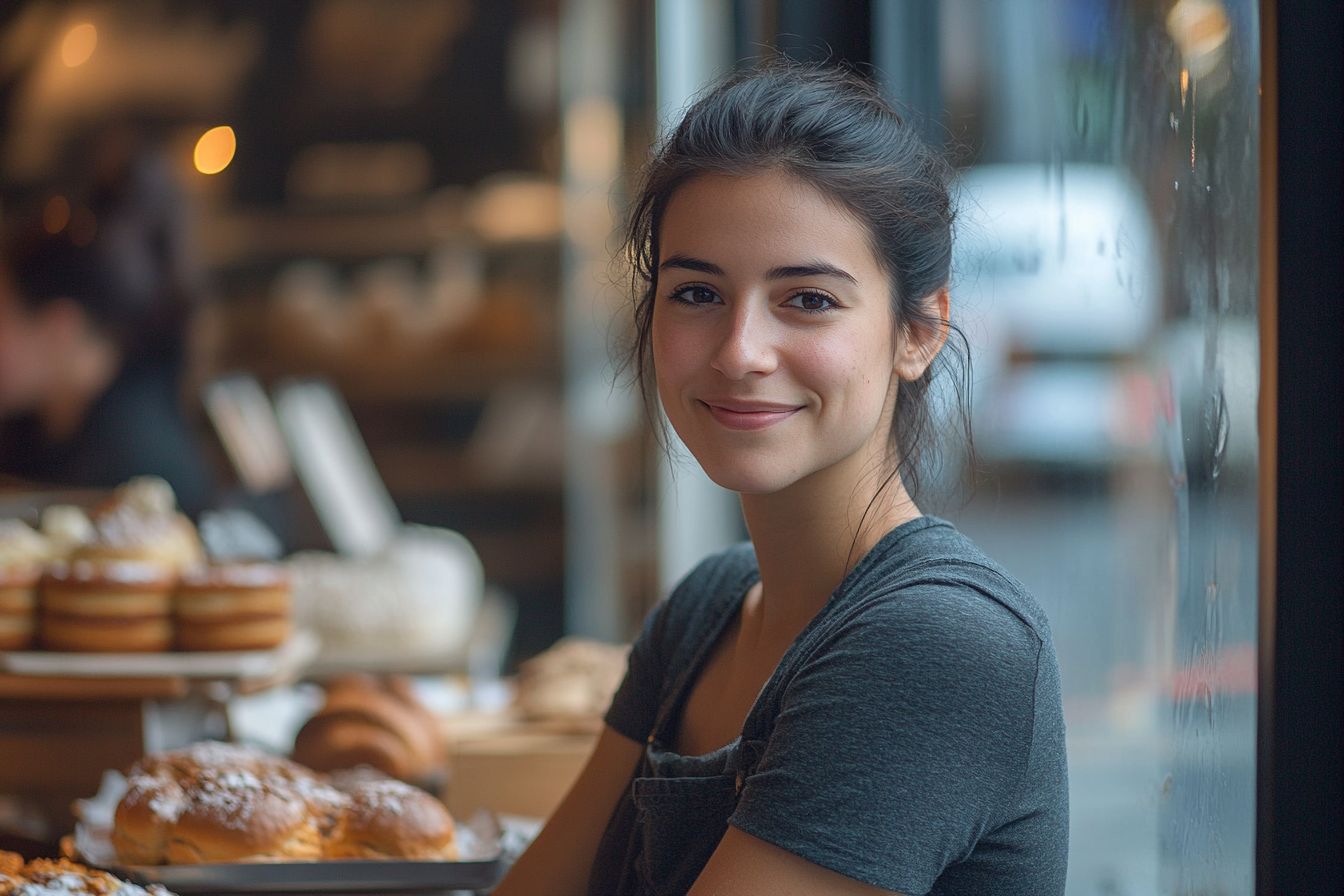 Une femme sourit près de la vitrine d'une boulangerie | Source : Midjourney