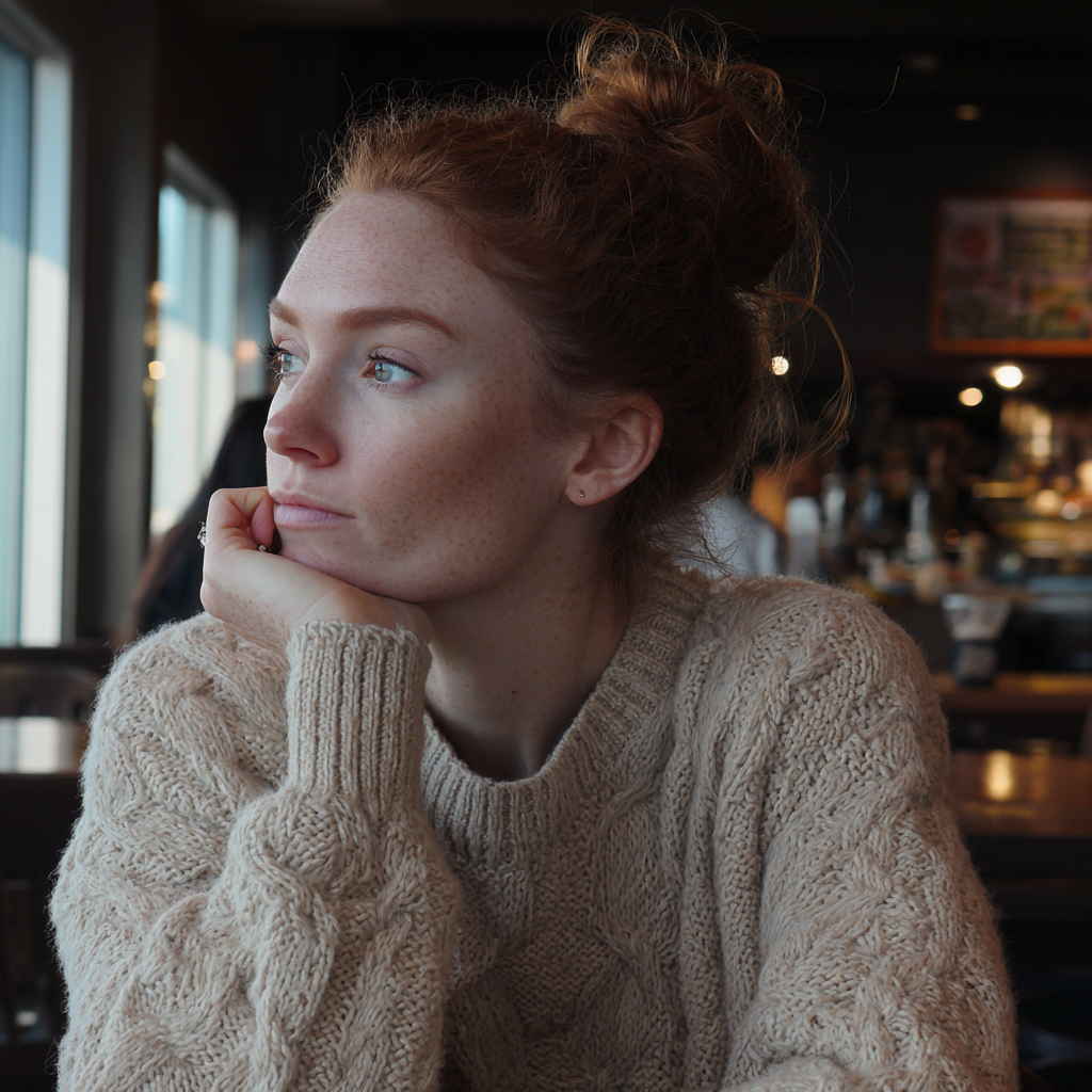 Une femme peu impressionnée assise dans un café | Source : Midjourney