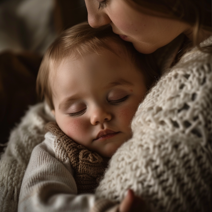 Un bébé garçon qui dort dans les bras de sa mère | Source : Midjourney