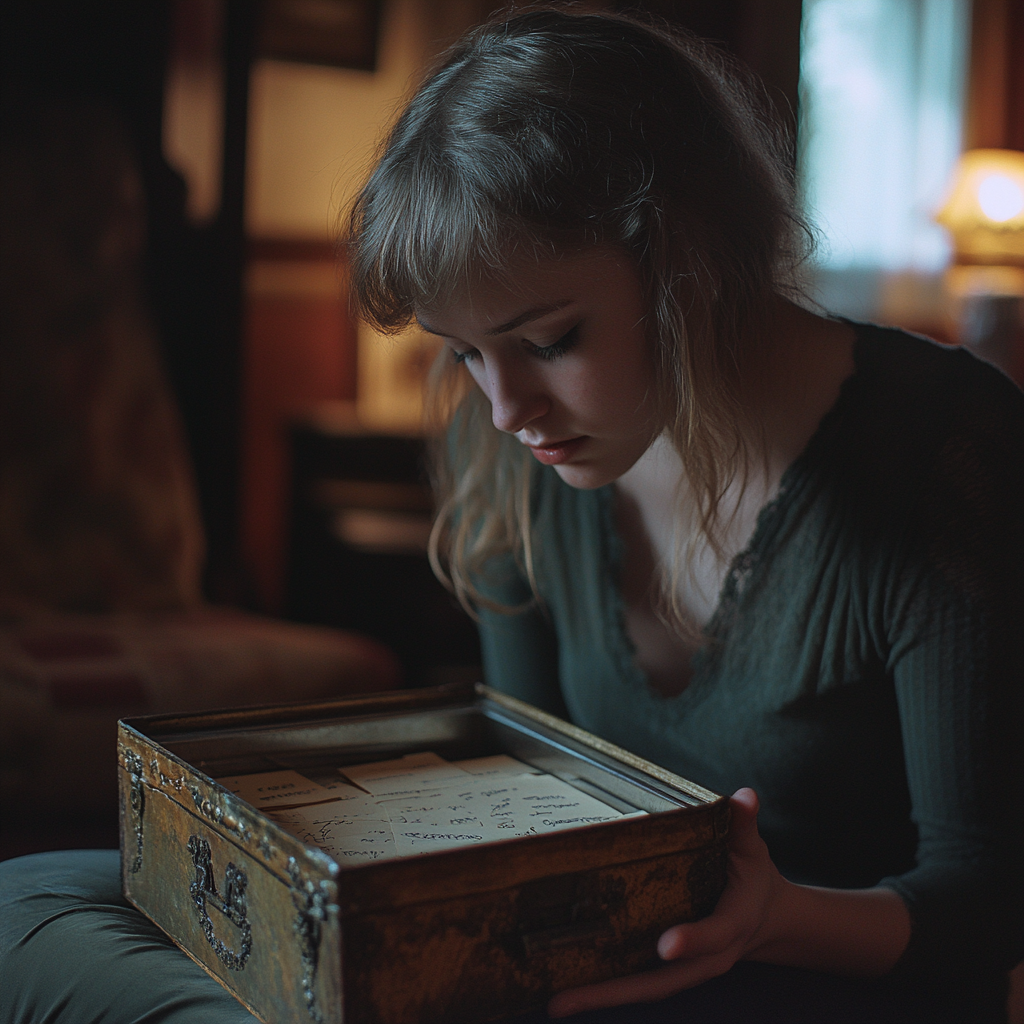 Une femme qui regarde dans une boîte avec des lettres ⏐ Source : Midjourney