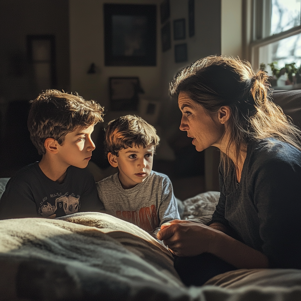 Mère parlant à ses fils dans leur chambre | Source : Midjourney