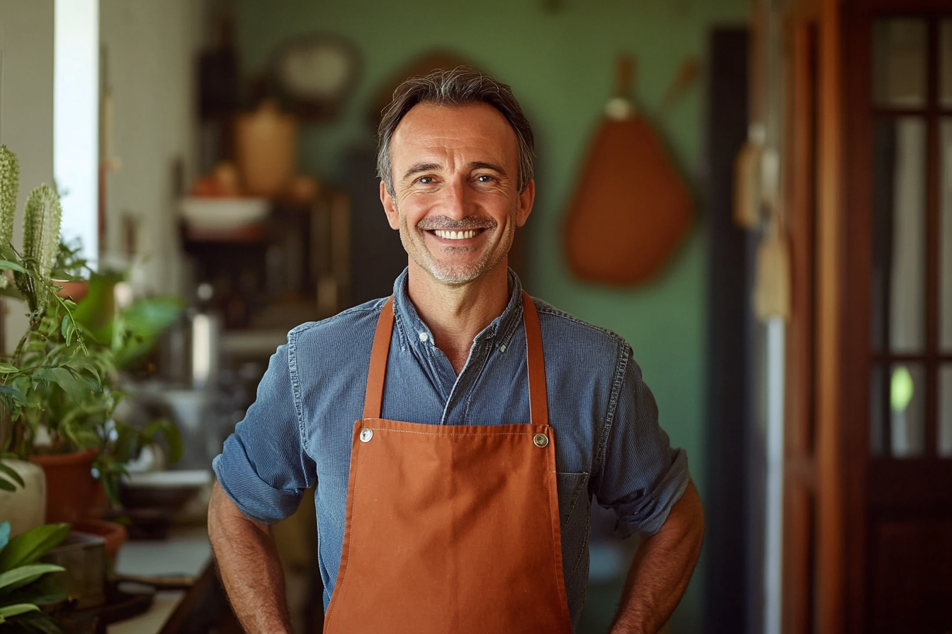 Un homme souriant portant un tablier | Source : Midjourney