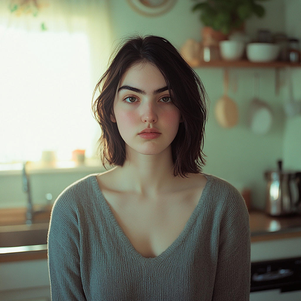 Une femme debout dans sa cuisine, regardant droit devant elle | Source : Midjourney