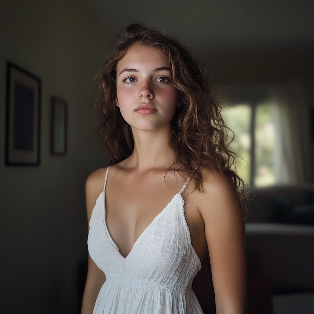 Une jeune femme pensive debout dans un salon | Source : Midjourney