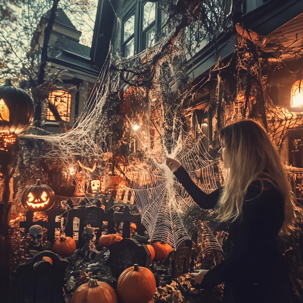 Femme debout devant sa maison, entourée de décorations effrayantes pour Halloween. | Source : Midjourney