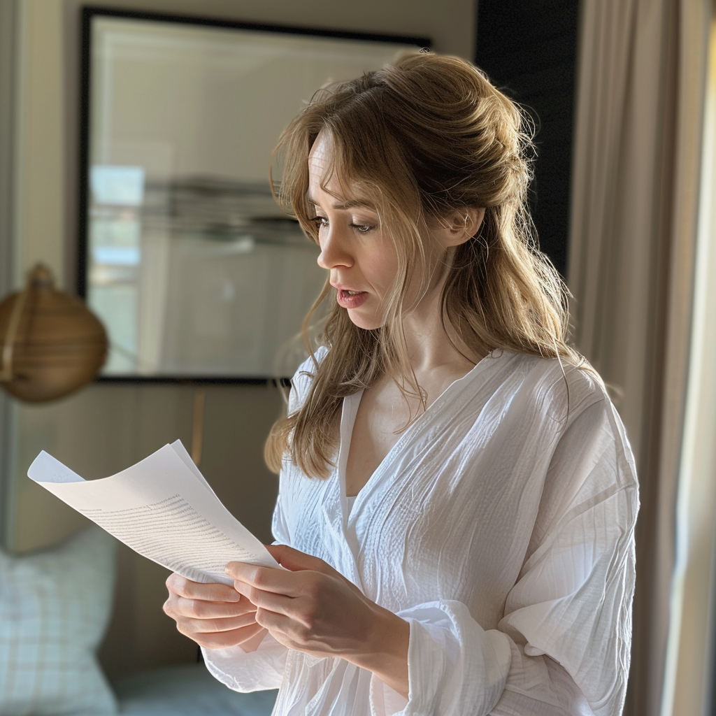 Une femme regardant un morceau de papier | Source : Midjourney