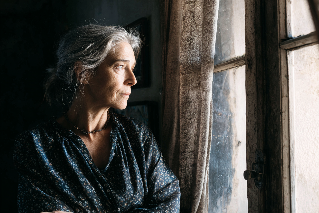 Une femme âgée debout près d'une fenêtre | Source : Midjourney