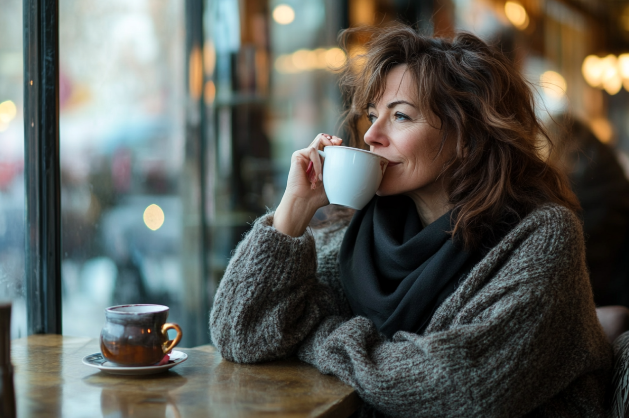 Une femme qui boit dans un café | Source : Midjourney