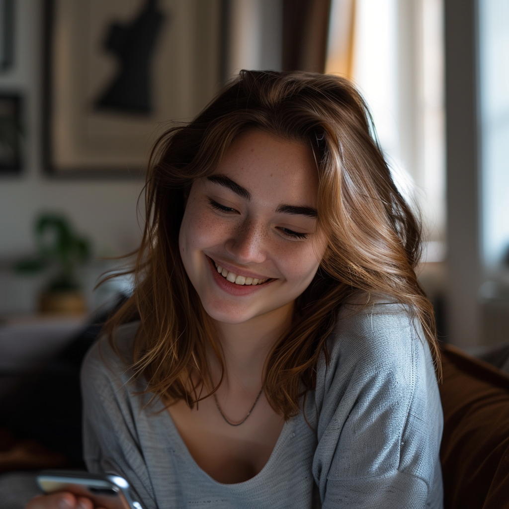 Une femme sourit en regardant l'écran de son téléphone | Source : Midjourney