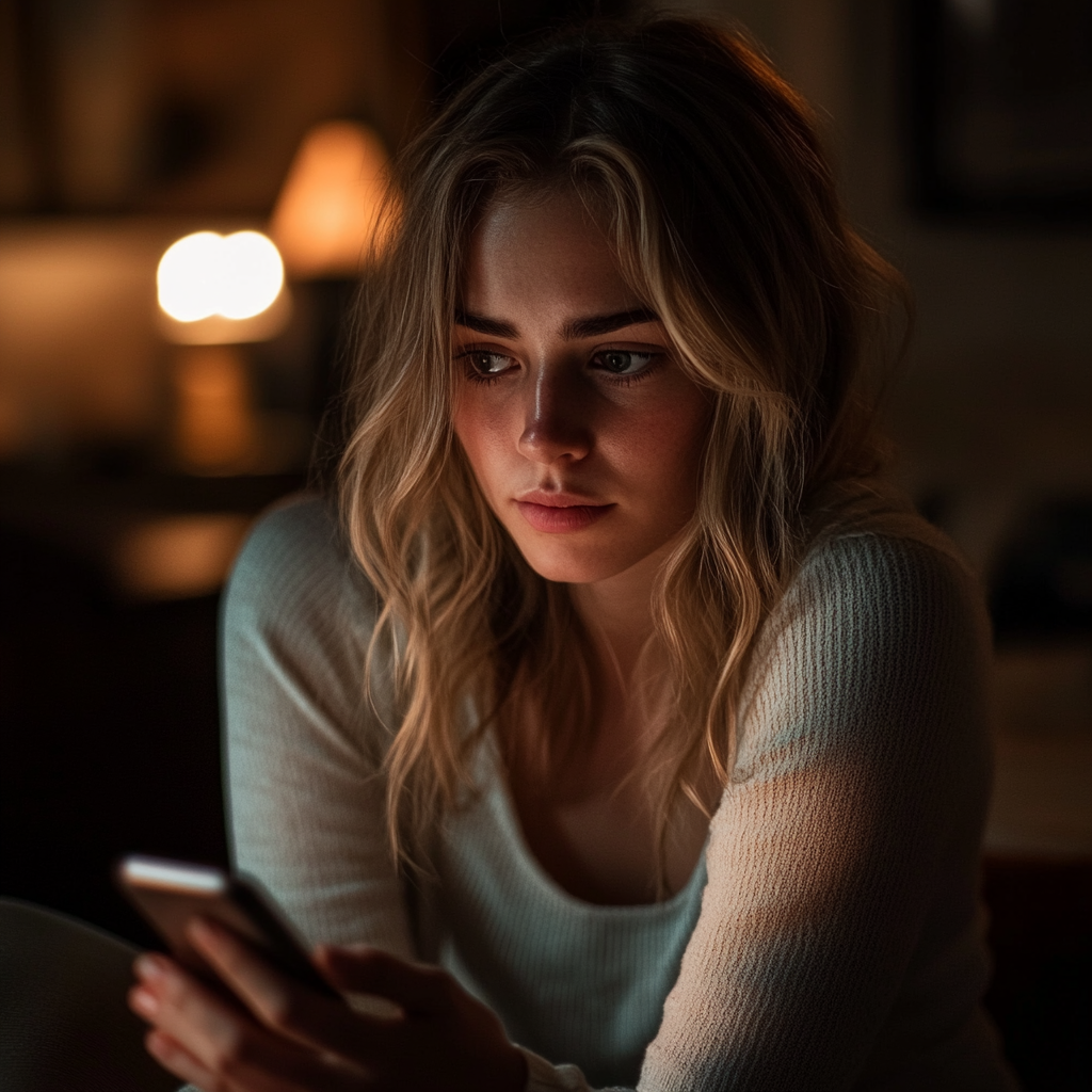 Une femme perdue dans ses pensées alors qu'elle tient un téléphone portable | Source : Midjourney