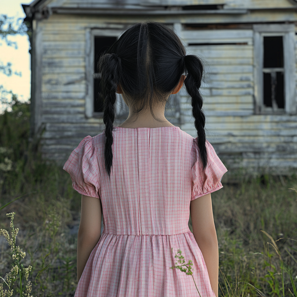 Une fille debout devant une maison abandonnée | Source : Midjourney