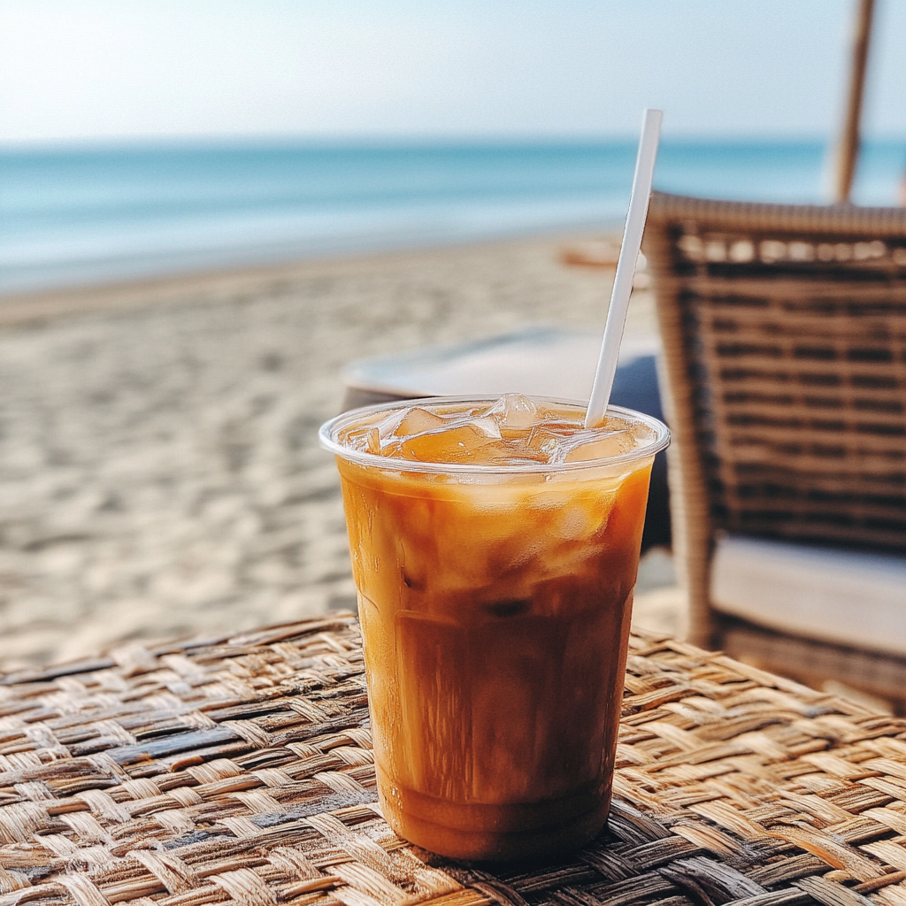 Un café glacé sur une table en osier | Source : Midjourney