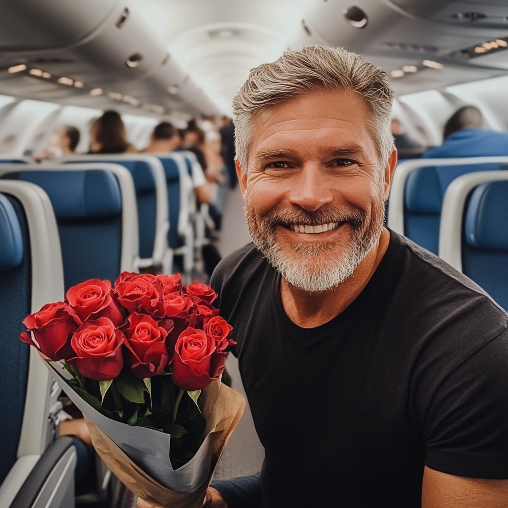 Un homme souriant tenant un bouquet de roses dans un avion | Source : Midjourney