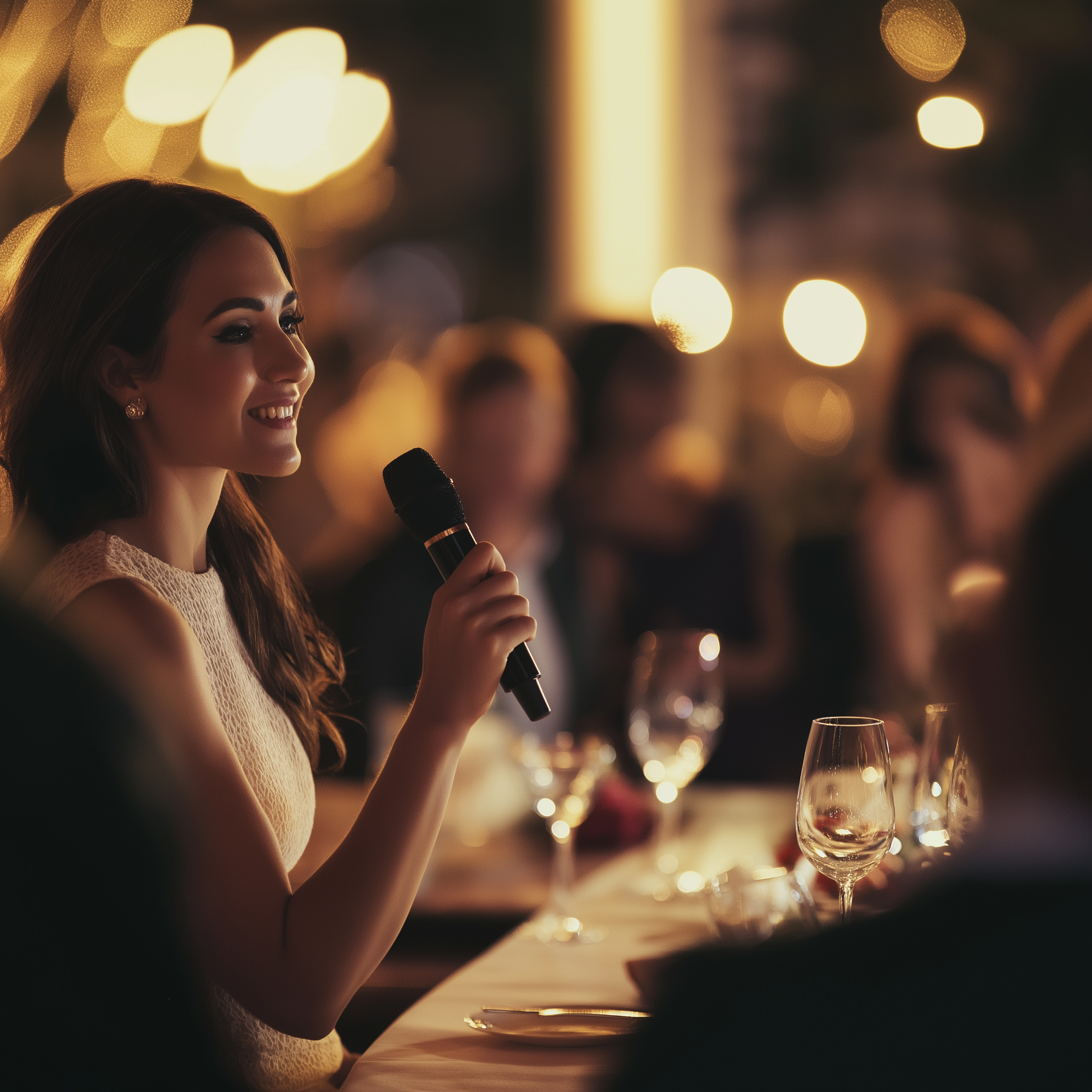 Une femme qui parle au micro lors d'une fête | Source : Midjourney