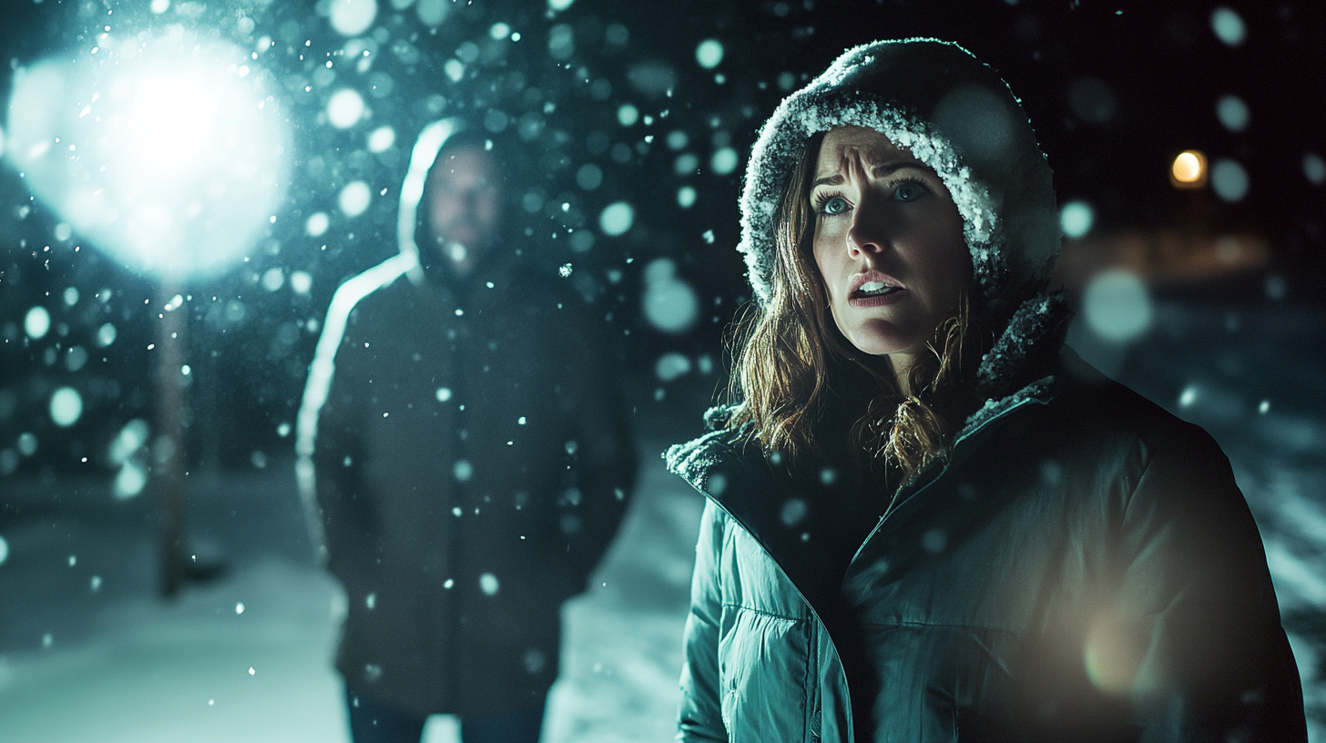 Femme confuse restant dans la tempête de neige pendant que l'homme regarde dans son dos | Source : Midjourney