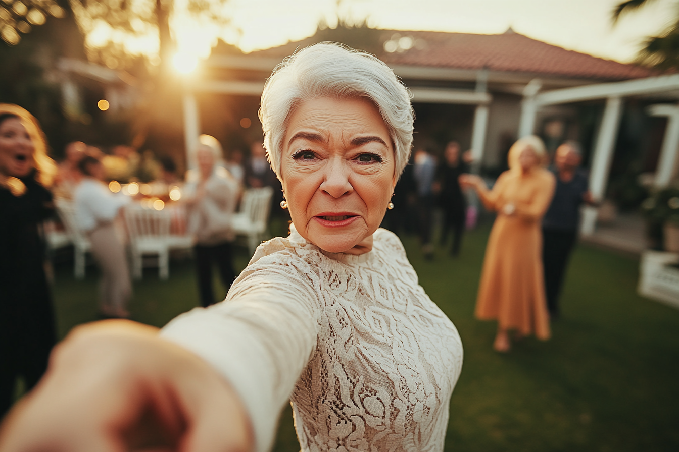 Une femme âgée contrariée qui pointe du doigt | Source : Midjourney