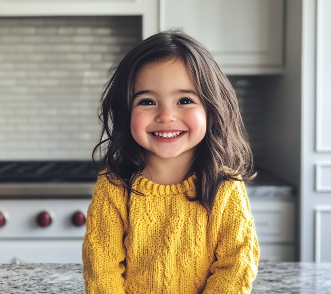 Une petite fille souriante assise sur un comptoir de cuisine | Source : Midjourney