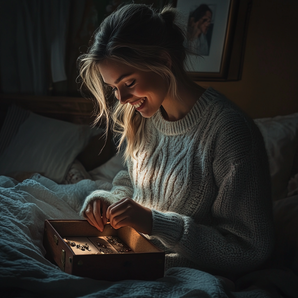 Une femme qui fouille dans une boîte à bijoux | Source : Midjourney