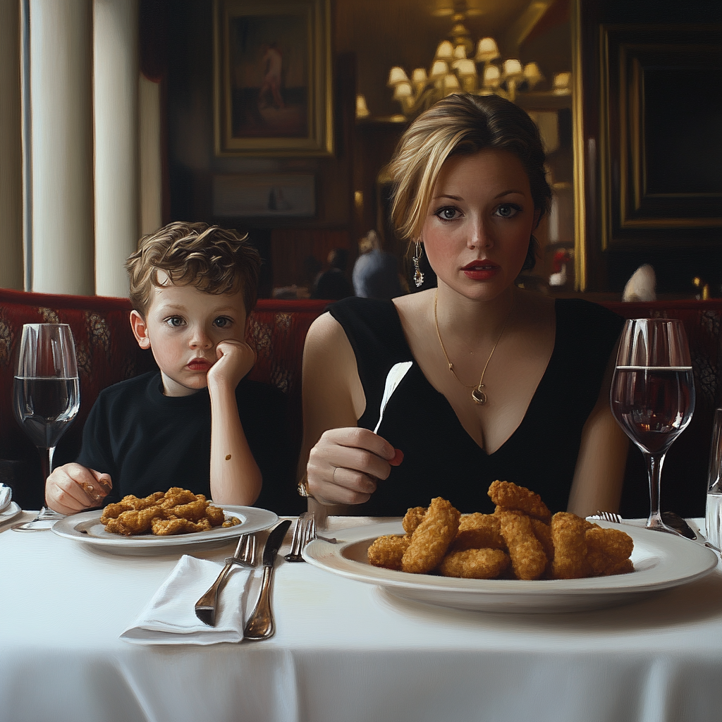 Maman et son fils prenant un repas dans un restaurant chic | Source : Midjourney