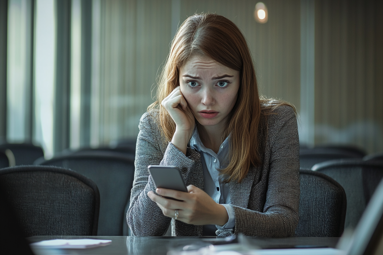 Une femme inquiète qui regarde son téléphone portable | Source : Midjourney