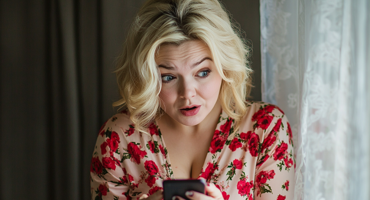 Une femme qui regarde son téléphone en état de choc | Source : Midjourney