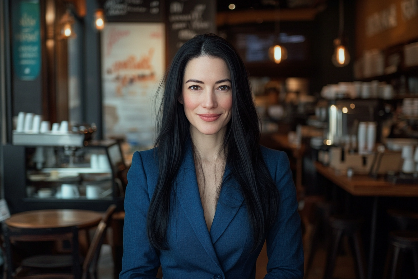 Une femme dans un café, souriante | Source : Midjourney