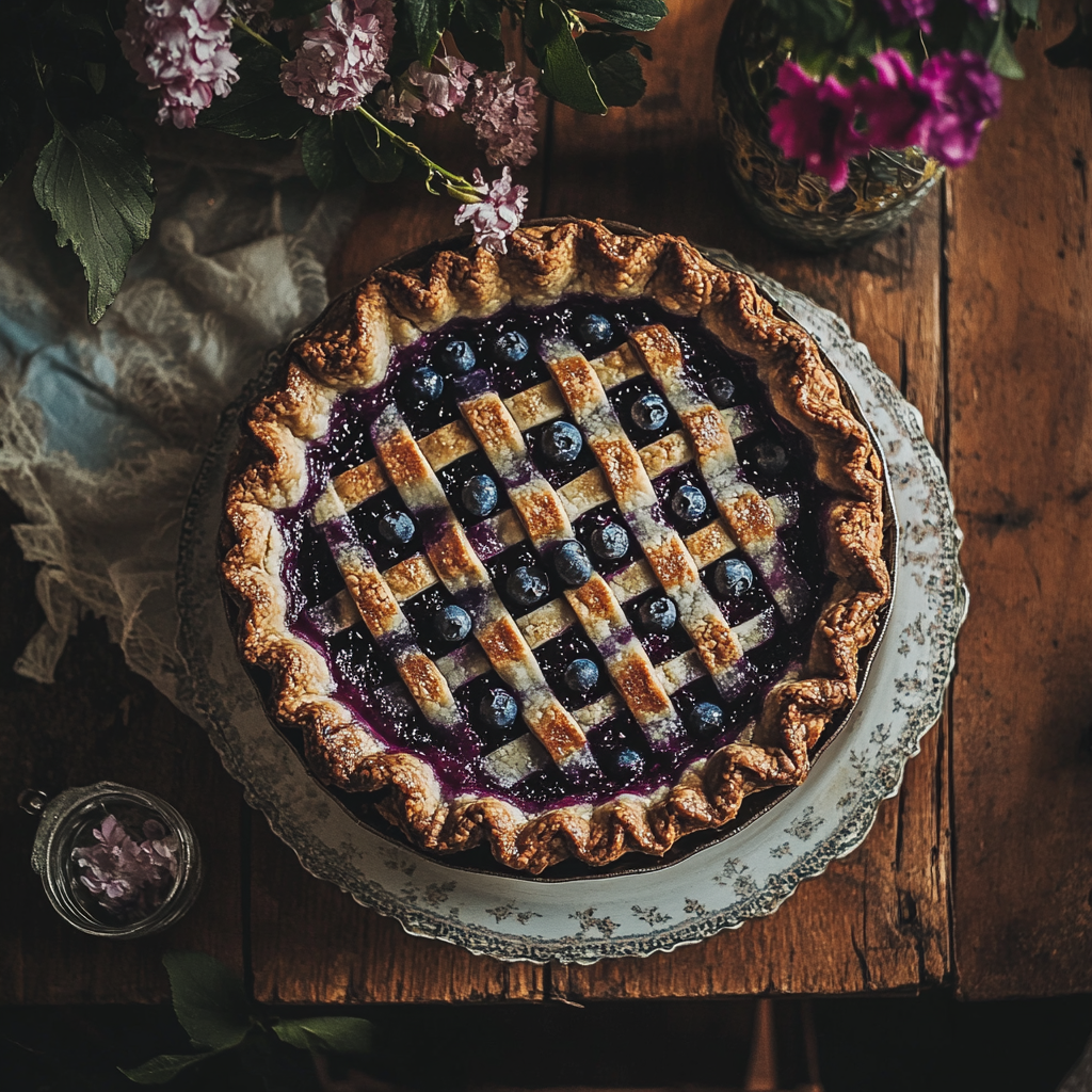 Une tarte aux myrtilles sur une table | Source : Midjourney