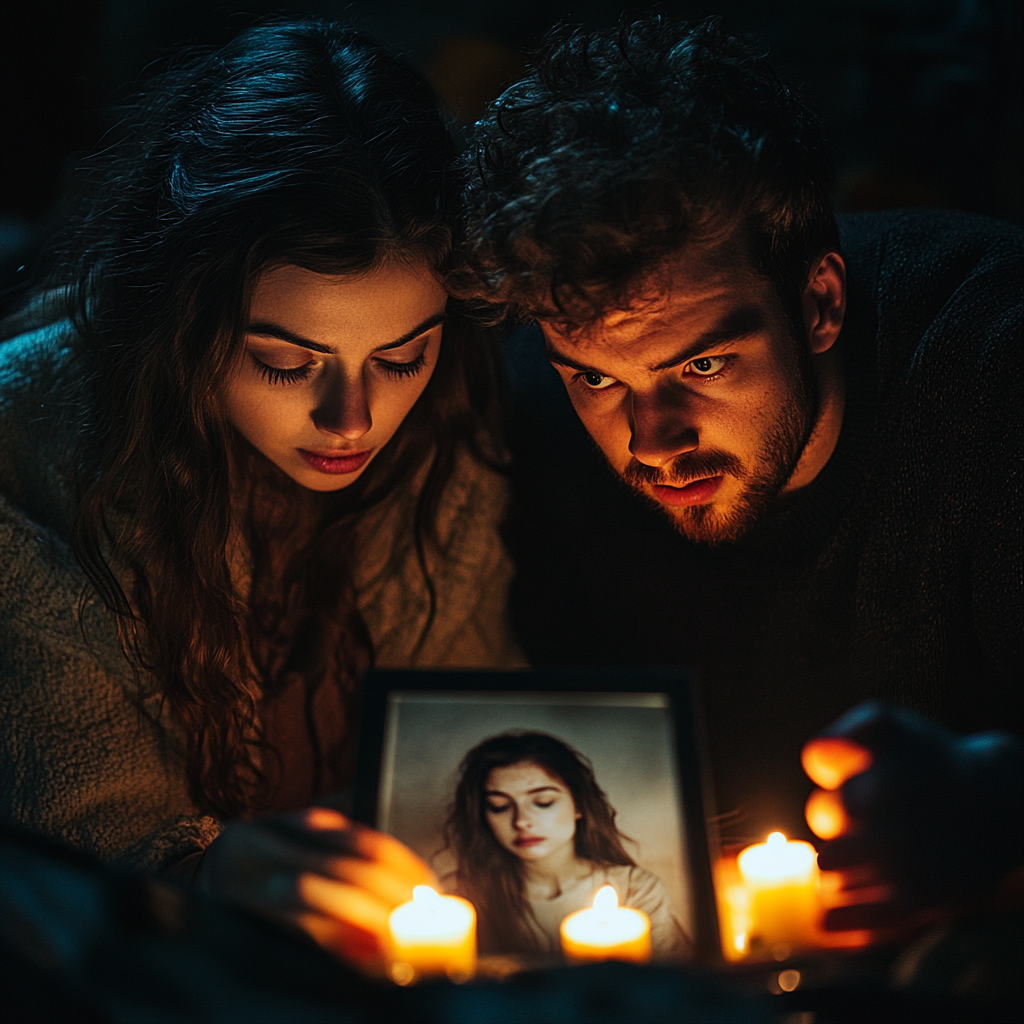 Un couple fixant une photo entourée de bougies | Source : Midjourney