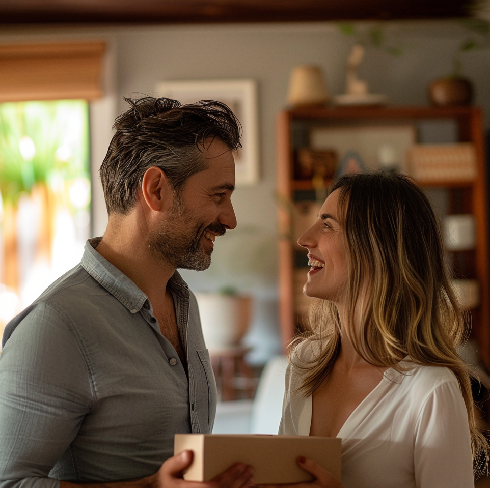 Un homme et une femme tenant un paquet tout en se souriant | Source : Midjourney