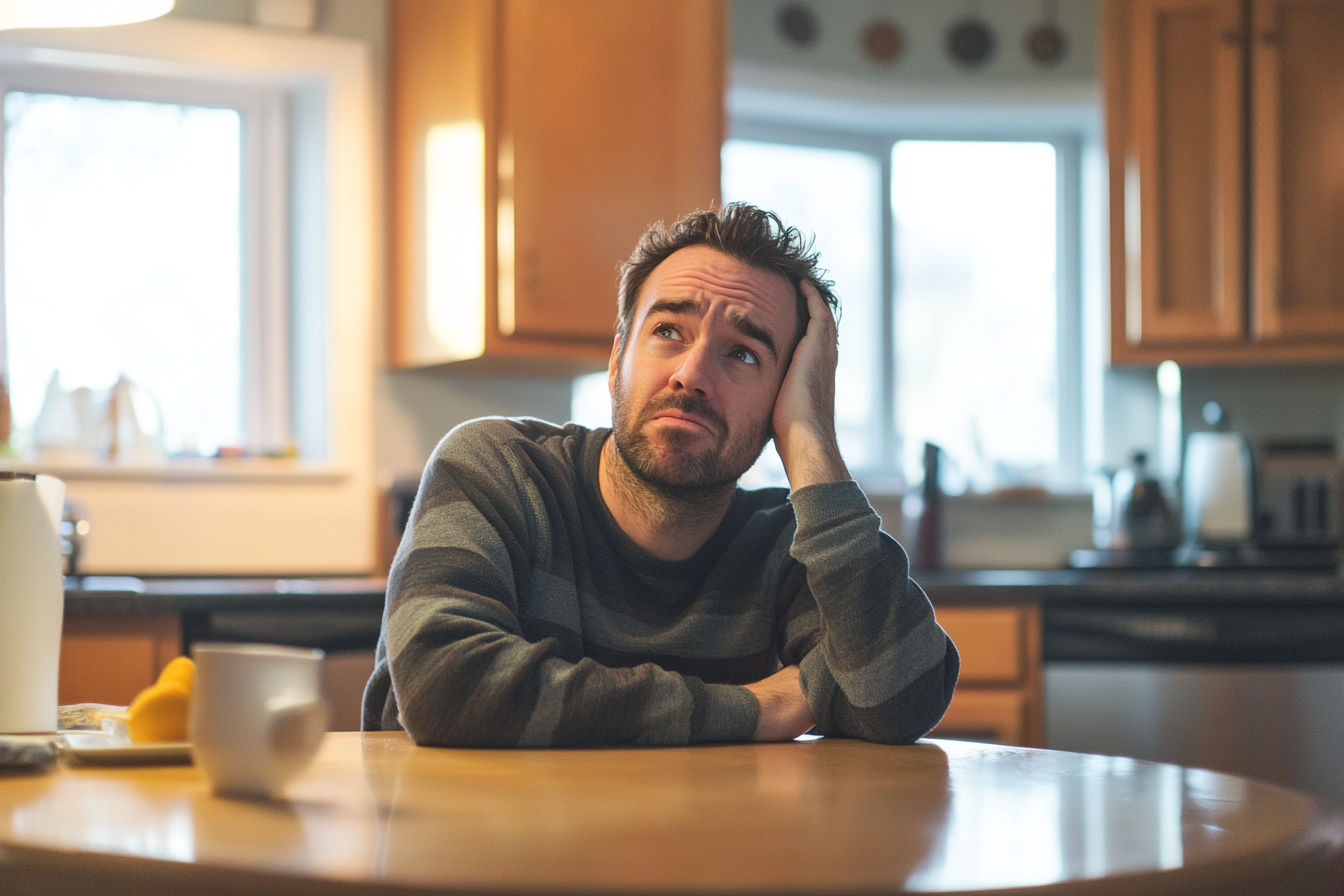 Un homme assis dans une cuisine, l'air confus | Source : Midjourney