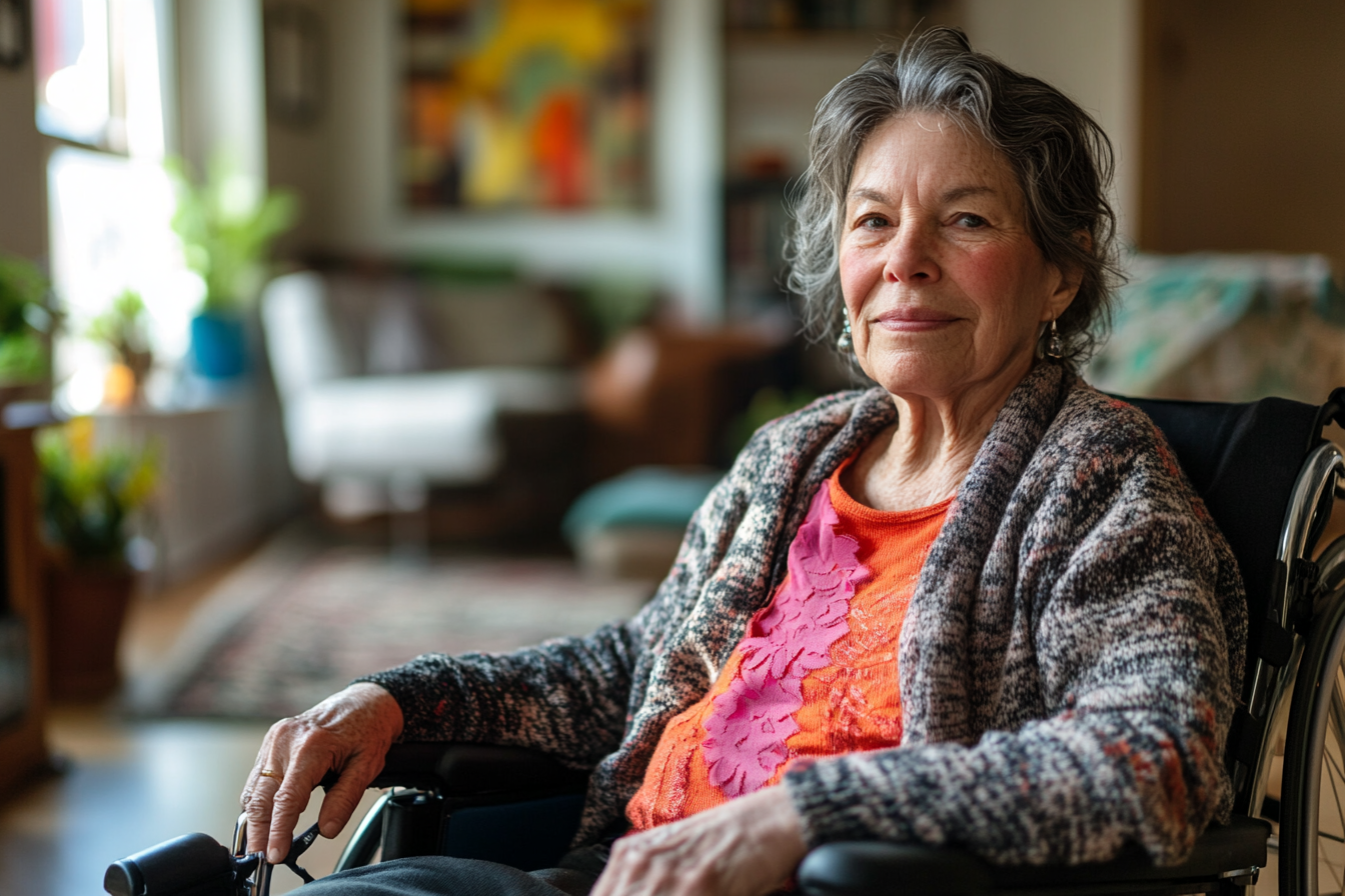 Une femme en fauteuil roulant dans un salon | Source : Midjourney