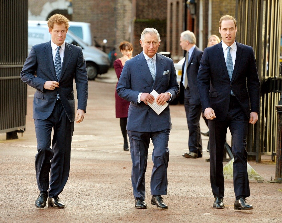 Le prince Harry, le prince Charles, prince de Galles et le prince William, duc de Cambridge arrivent à la conférence sur le commerce illégal d'animaux sauvages à Lancaster House le 13 février 2014 à Londres, en Angleterre | Source : Getty Images
