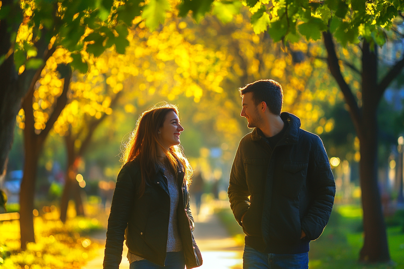 Un couple heureux se promenant dans un parc | Source : Midjourney