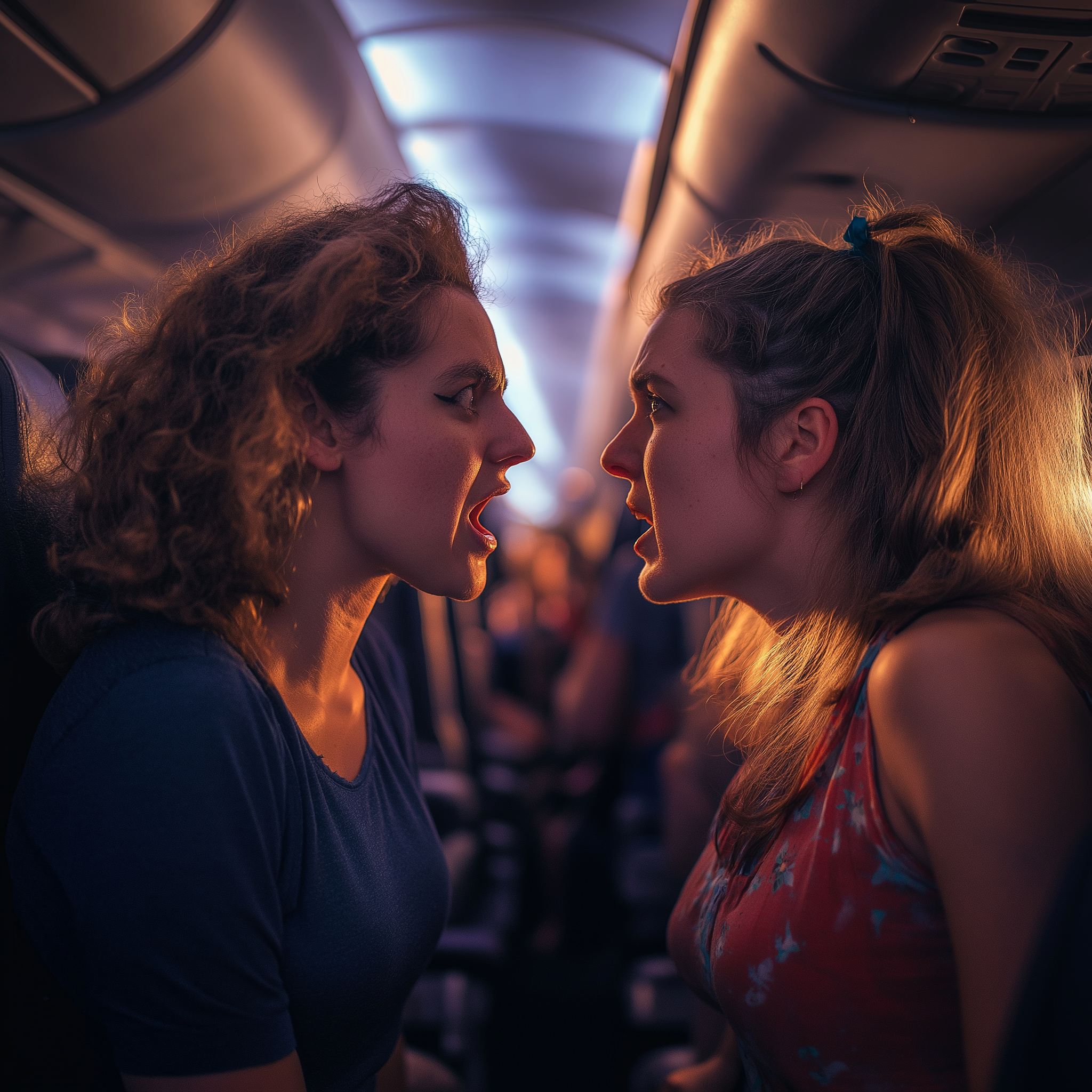 Two women argue on a plane | Source: Midjourney