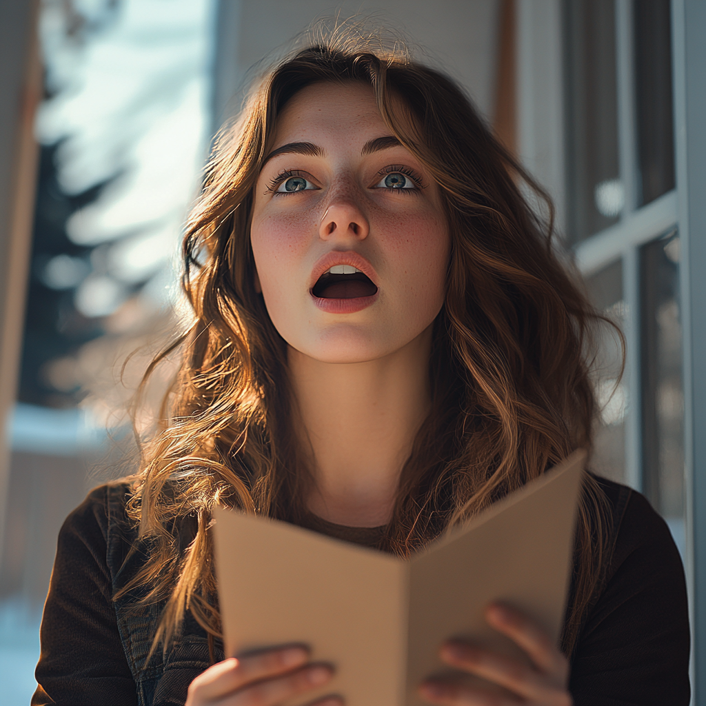 Une femme choquée tenant un morceau de papier | Source : Midjourney