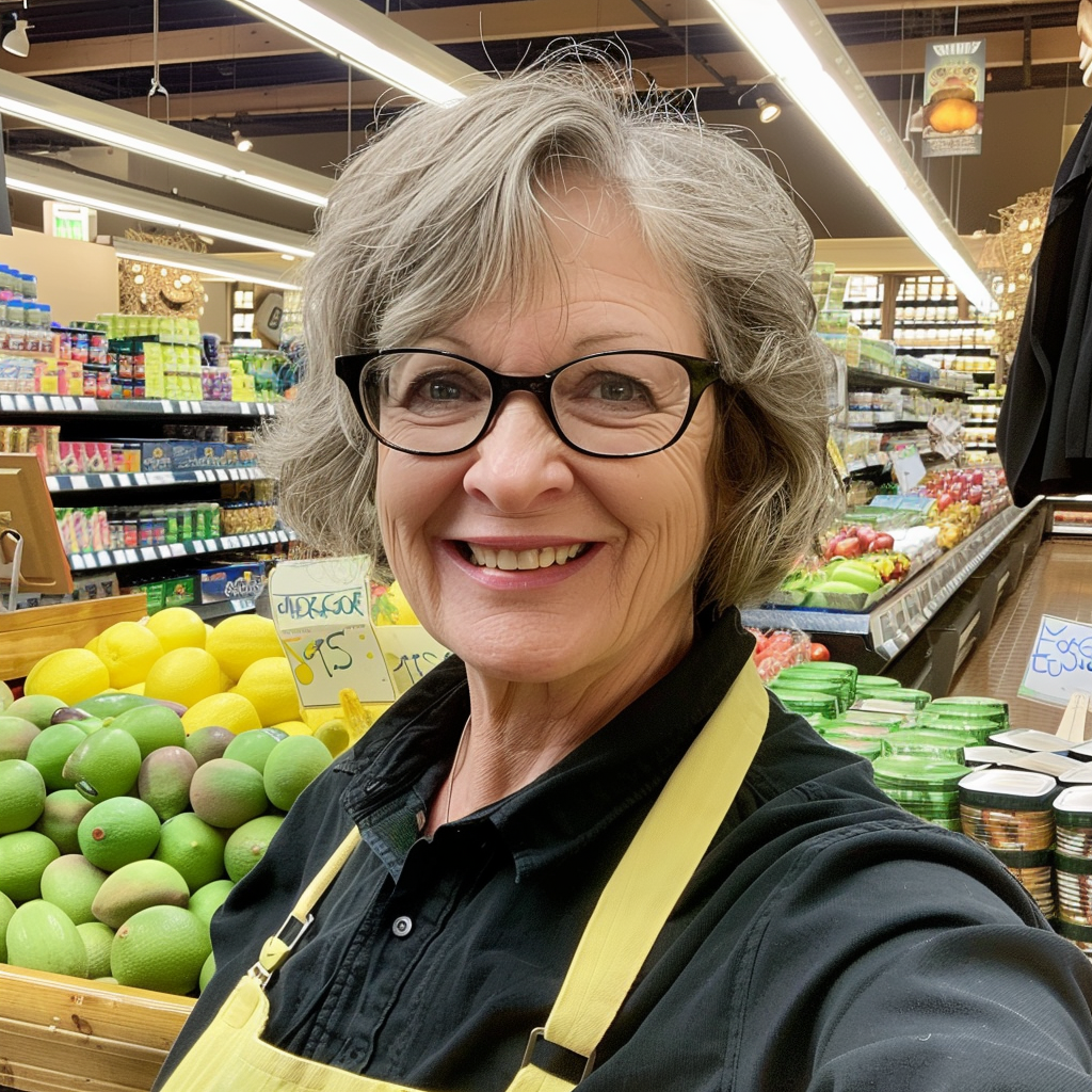 Une femme souriante dans une épicerie | Source : Midjourney