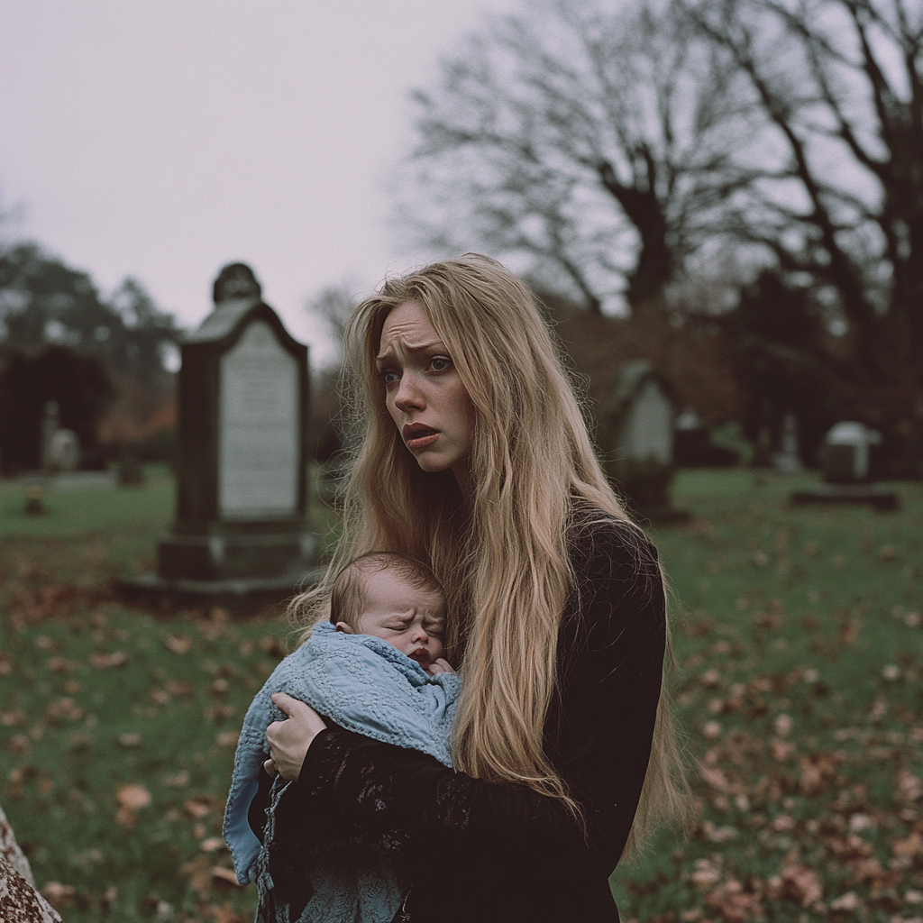 Une femme bouleversée dans un cimetière | Source : Midjourney