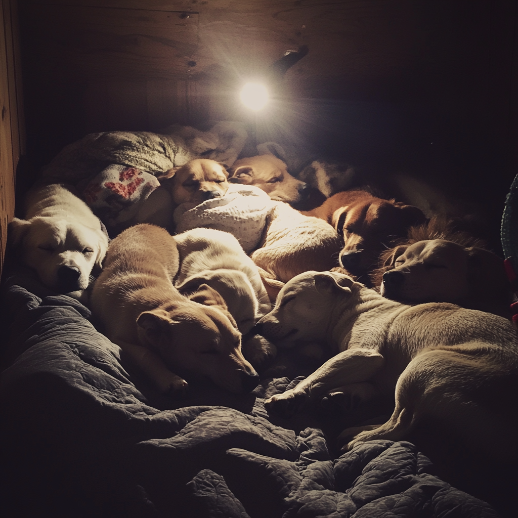 Chiens dormant dans un abri de jardin | Source : Midjourney