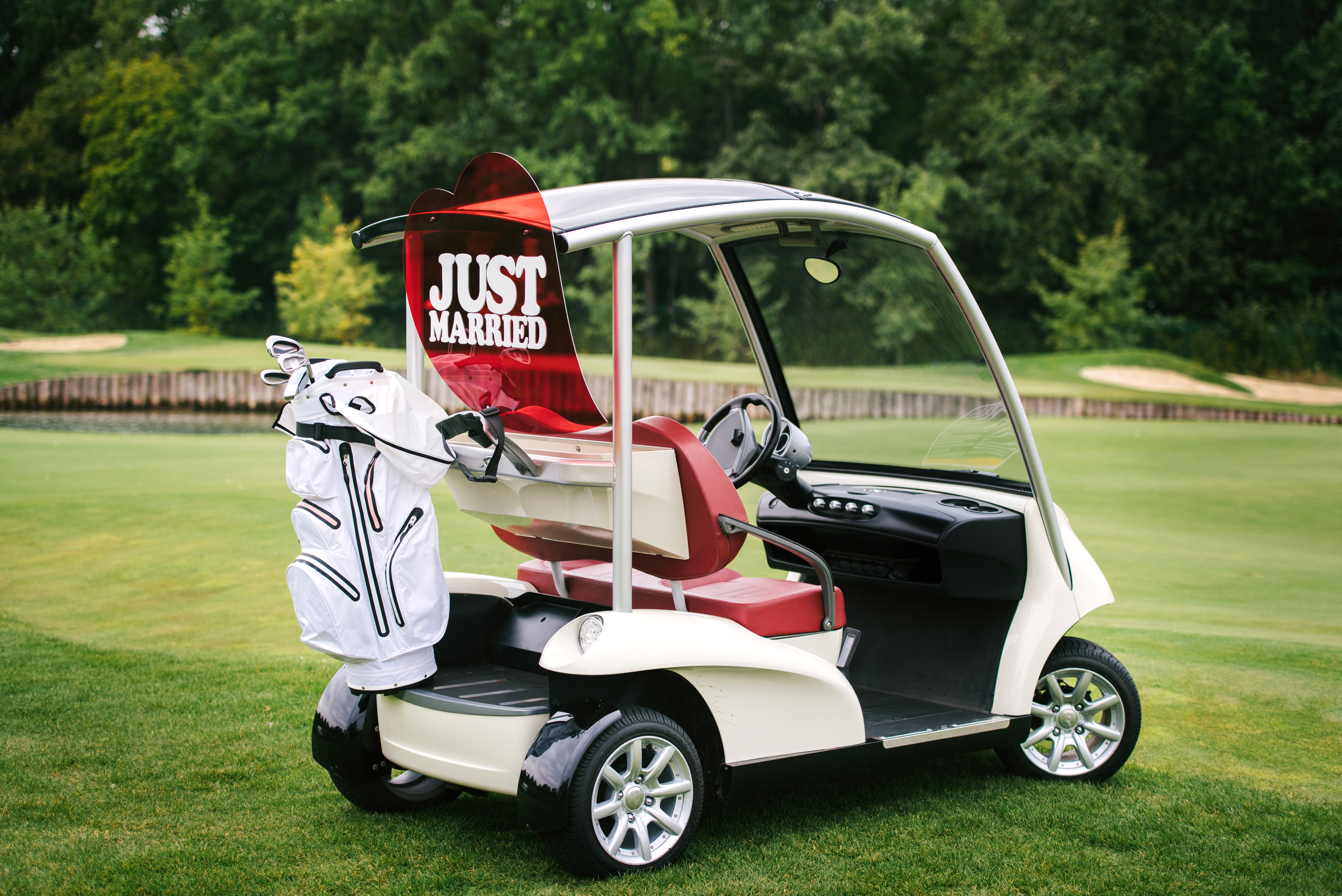 Un carrito de golf con un cartel de "Recién casados" | Fuente: Shutterstock