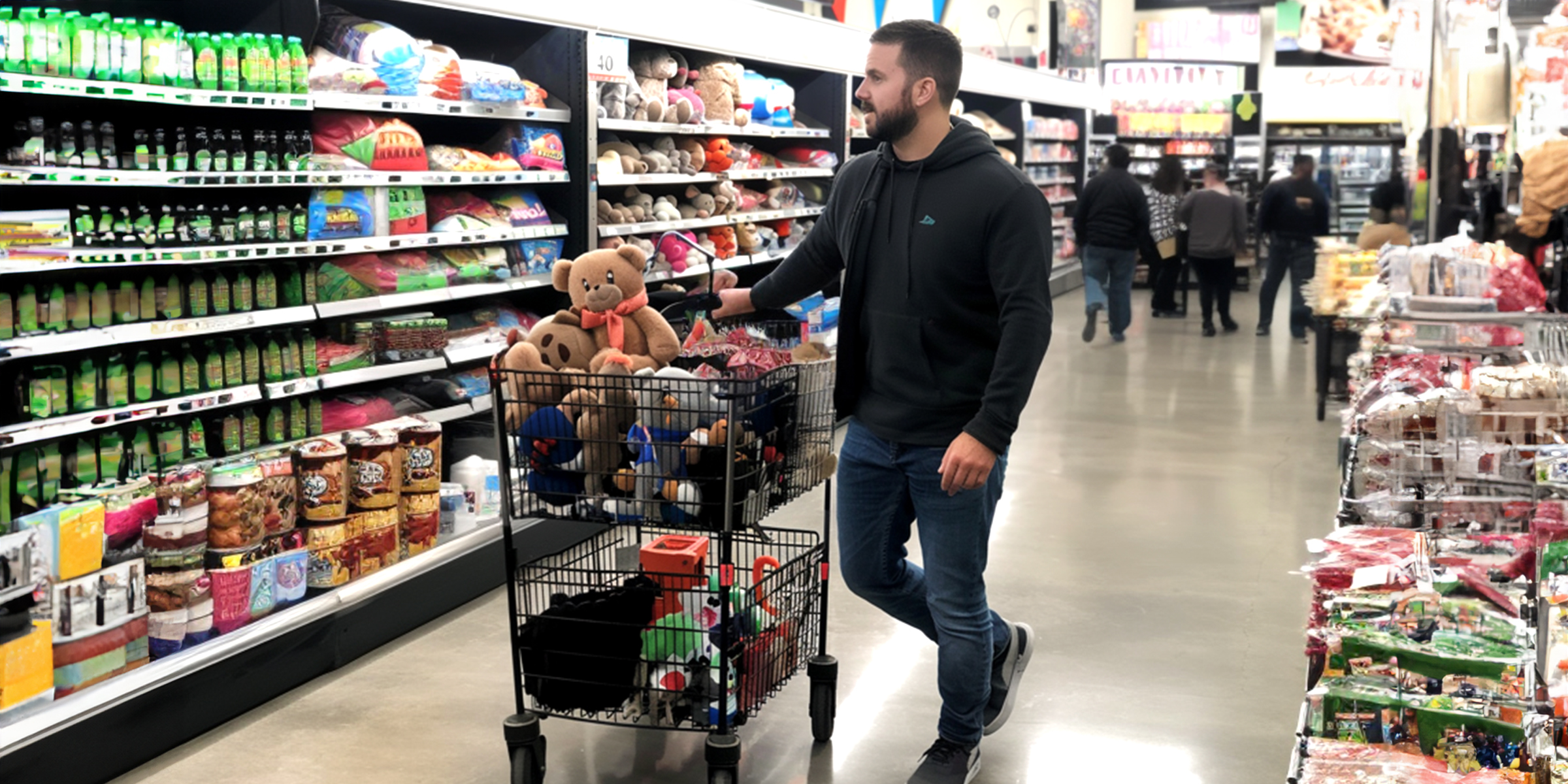 Un homme debout avec un chariot rempli de jouets dans un magasin | Source : Amomama