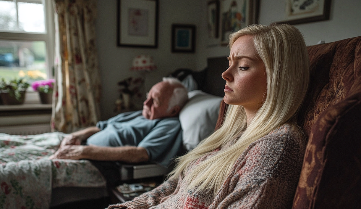 Une femme inquiète assise au chevet de son grand-père | Source : Midjourney