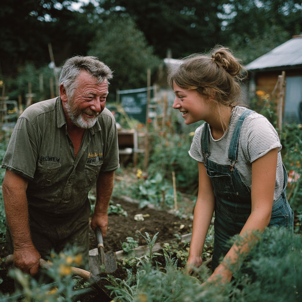 Un grand-père et sa petite-fille qui rient en travaillant dans son jardin | Source : Midjourney