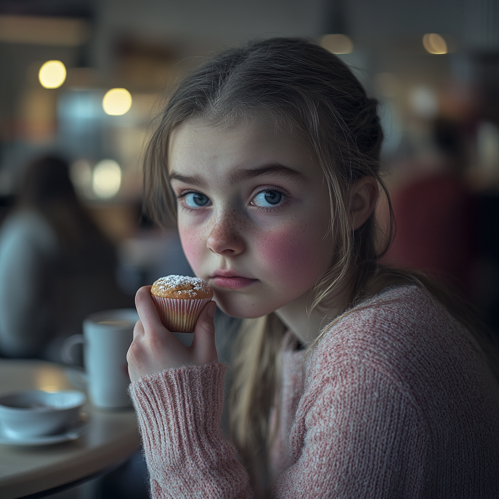 Une adolescente mange un muffin alors qu'elle est assise dans un petit café | Source : Midjourney