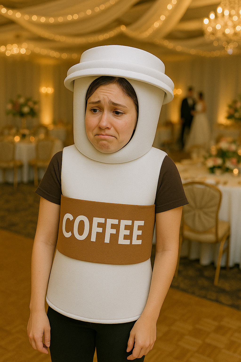 Une femme portant un costume de tasse de café en mousse lors d'une réception de mariage | Source : DALL-E