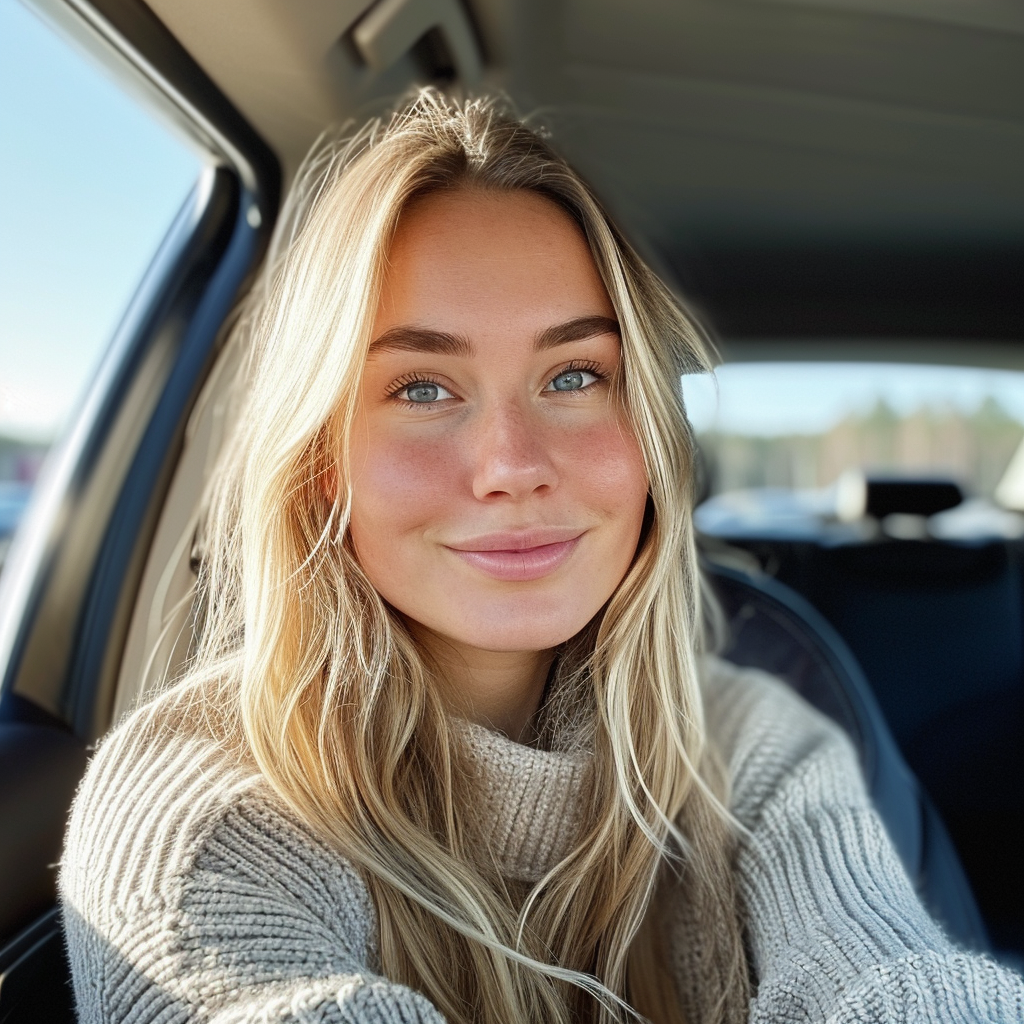 Une femme souriante dans une voiture | Source : Midjourney