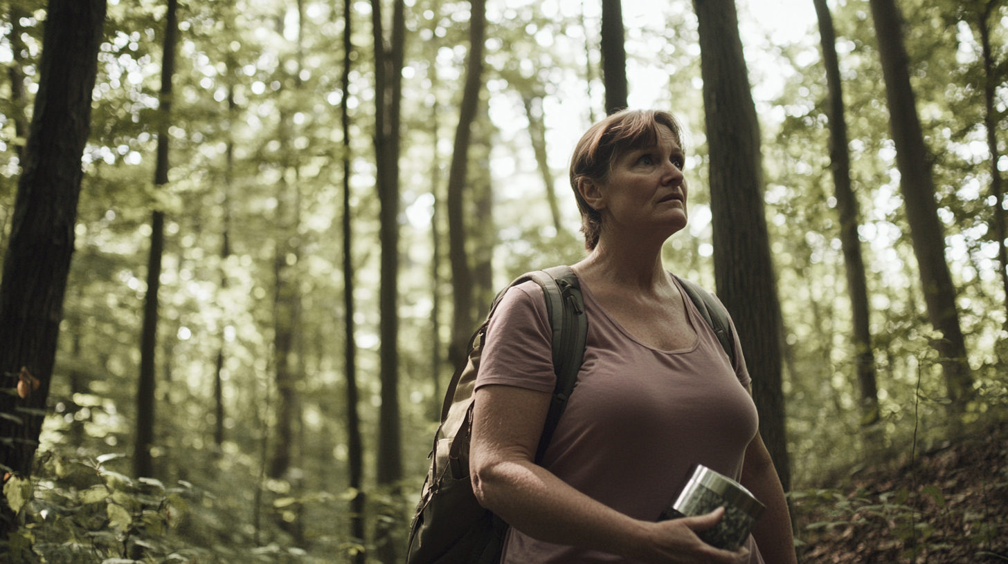 Une femme avec une urne de cendres se lance dans un trajet en solitaire à travers les bois | Source : Midjourney