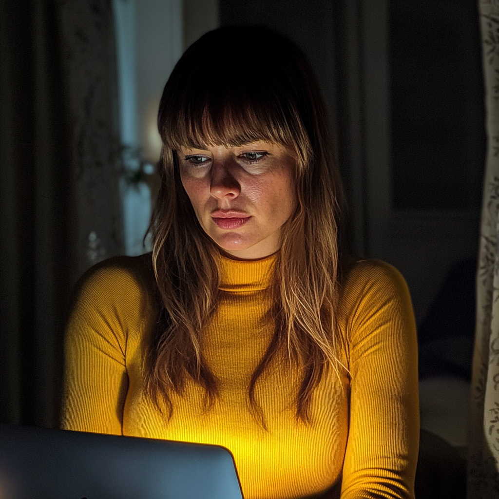 Une femme assise devant son ordinateur portable | Source : Midjourney