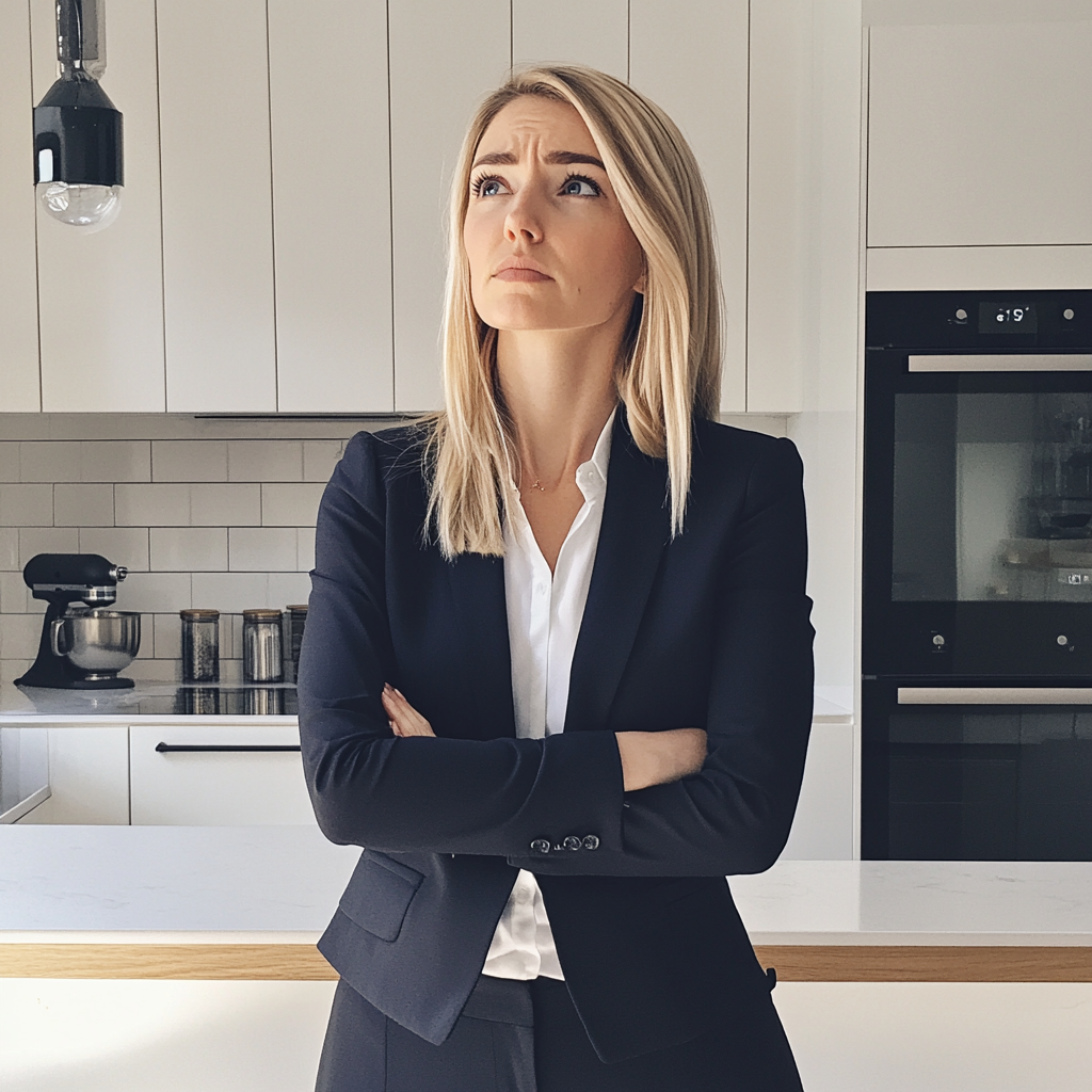 Une femme bouleversée debout dans une cuisine | Source : Midjourney