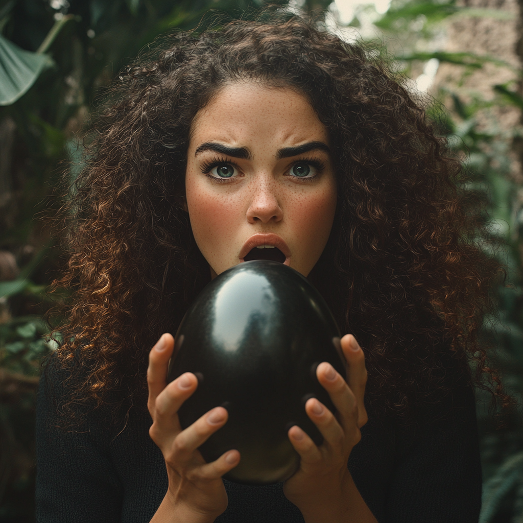 Une femme choquée tenant un gros œuf noir | Source : Midjourney